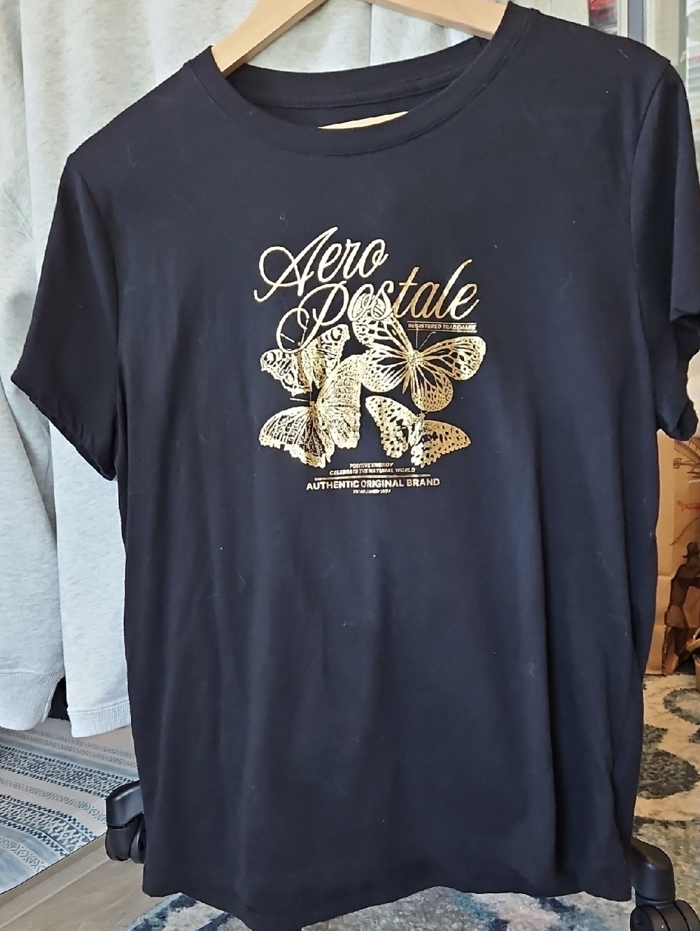 Aeropostale Black Tee with Gold Butterfly Graphic